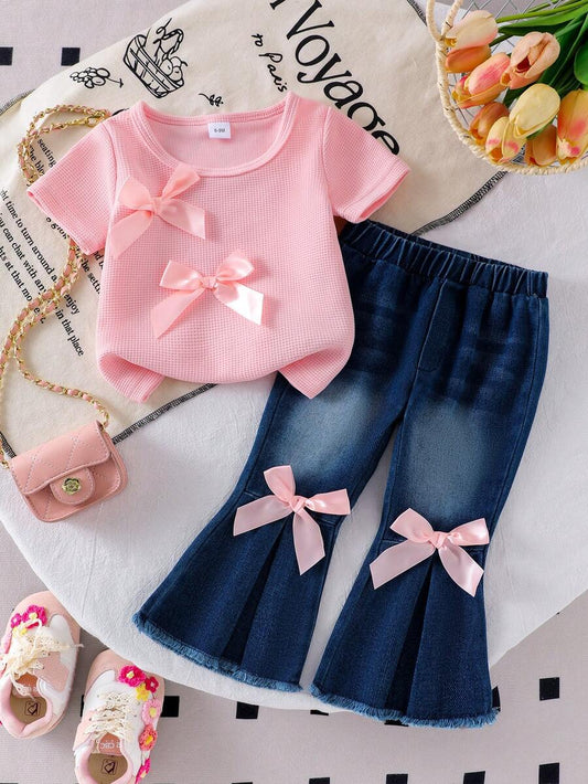 Frayed Hem Flare Denim Pants & 3D Bow Top Set for Toddler Girls