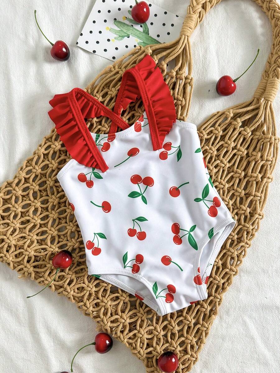 Baby Cherry Print Ruffle One-Piece Swimsuit for Vacation and Summer Play