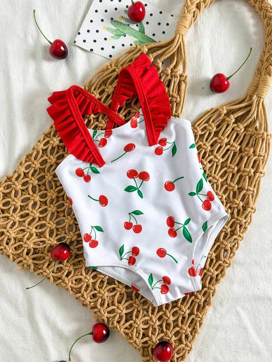 Baby Cherry Print Ruffle One-Piece Swimsuit for Vacation and Summer Play