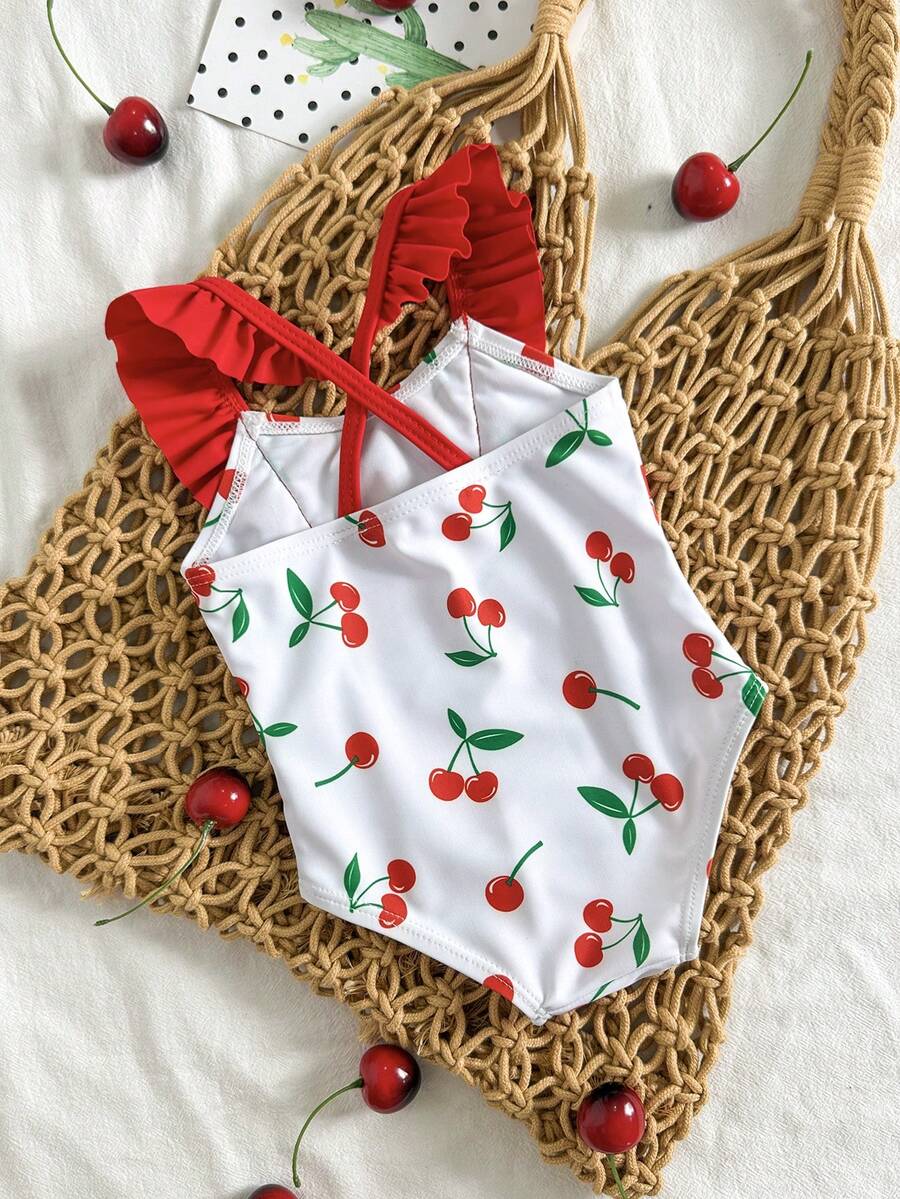 Baby Cherry Print Ruffle One-Piece Swimsuit for Vacation and Summer Play