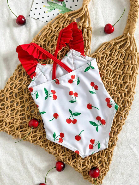 Baby Cherry Print Ruffle One-Piece Swimsuit for Vacation and Summer Play