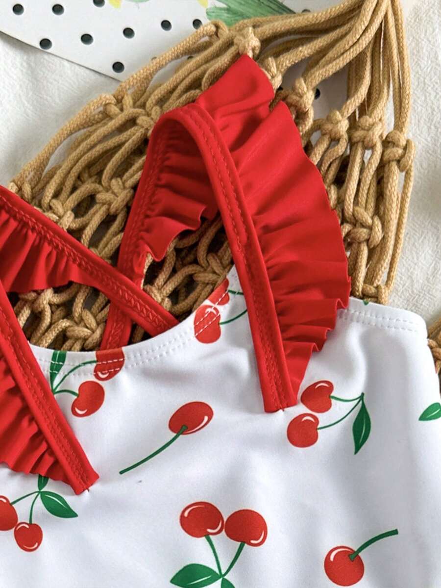 Baby Cherry Print Ruffle One-Piece Swimsuit for Vacation and Summer Play