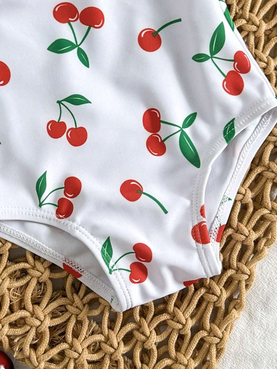 Baby Cherry Print Ruffle One-Piece Swimsuit for Vacation and Summer Play