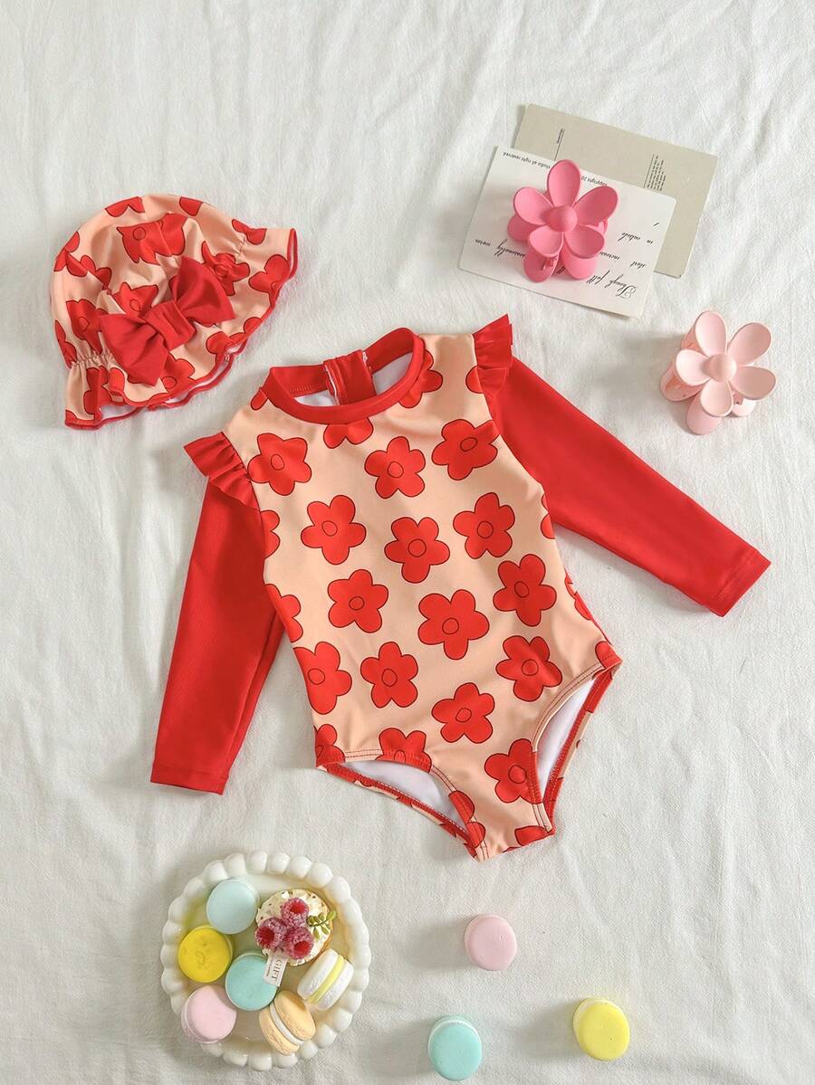 Baby Girls Floral Ruffle Long Sleeve Swimsuit With Hat Tropical Beachwear Set