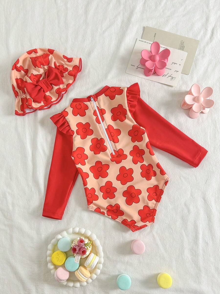 Baby Girls Floral Ruffle Long Sleeve Swimsuit With Hat Tropical Beachwear Set