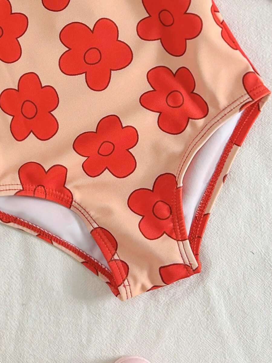 Baby Girls Floral Ruffle Long Sleeve Swimsuit With Hat Tropical Beachwear Set