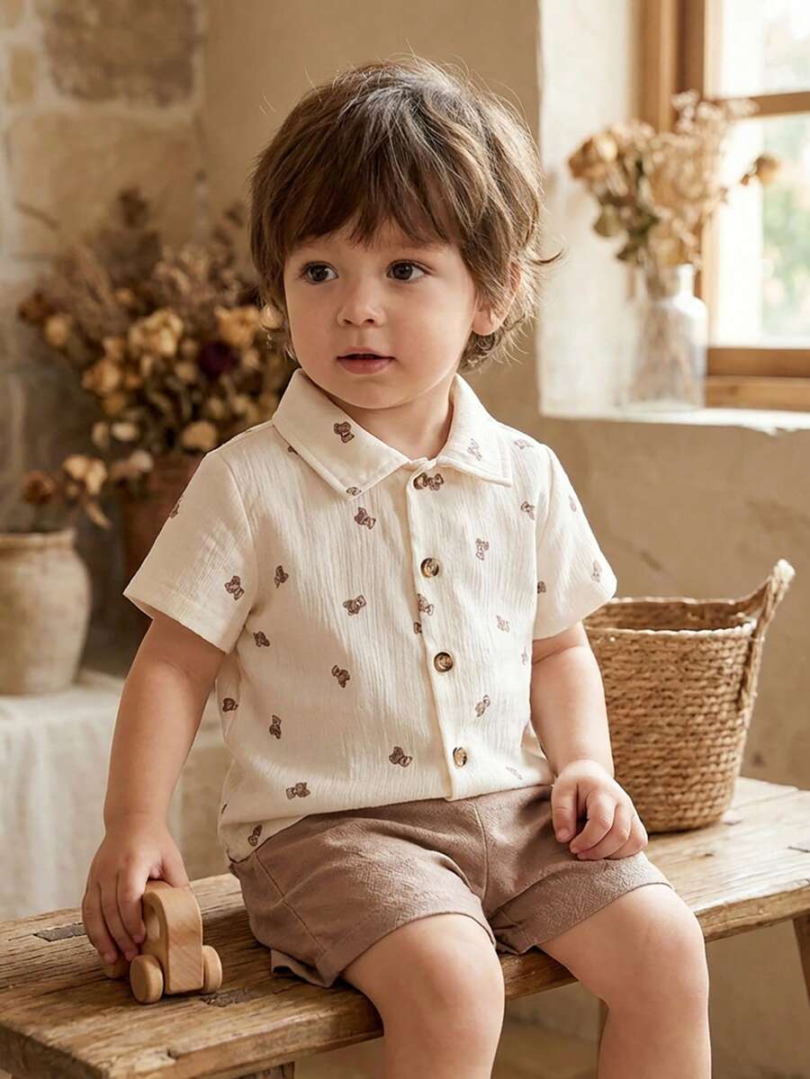 2pcs/Set Baby Boy Casual Striped Polo Collar Top & Shorts Summer Clothes
