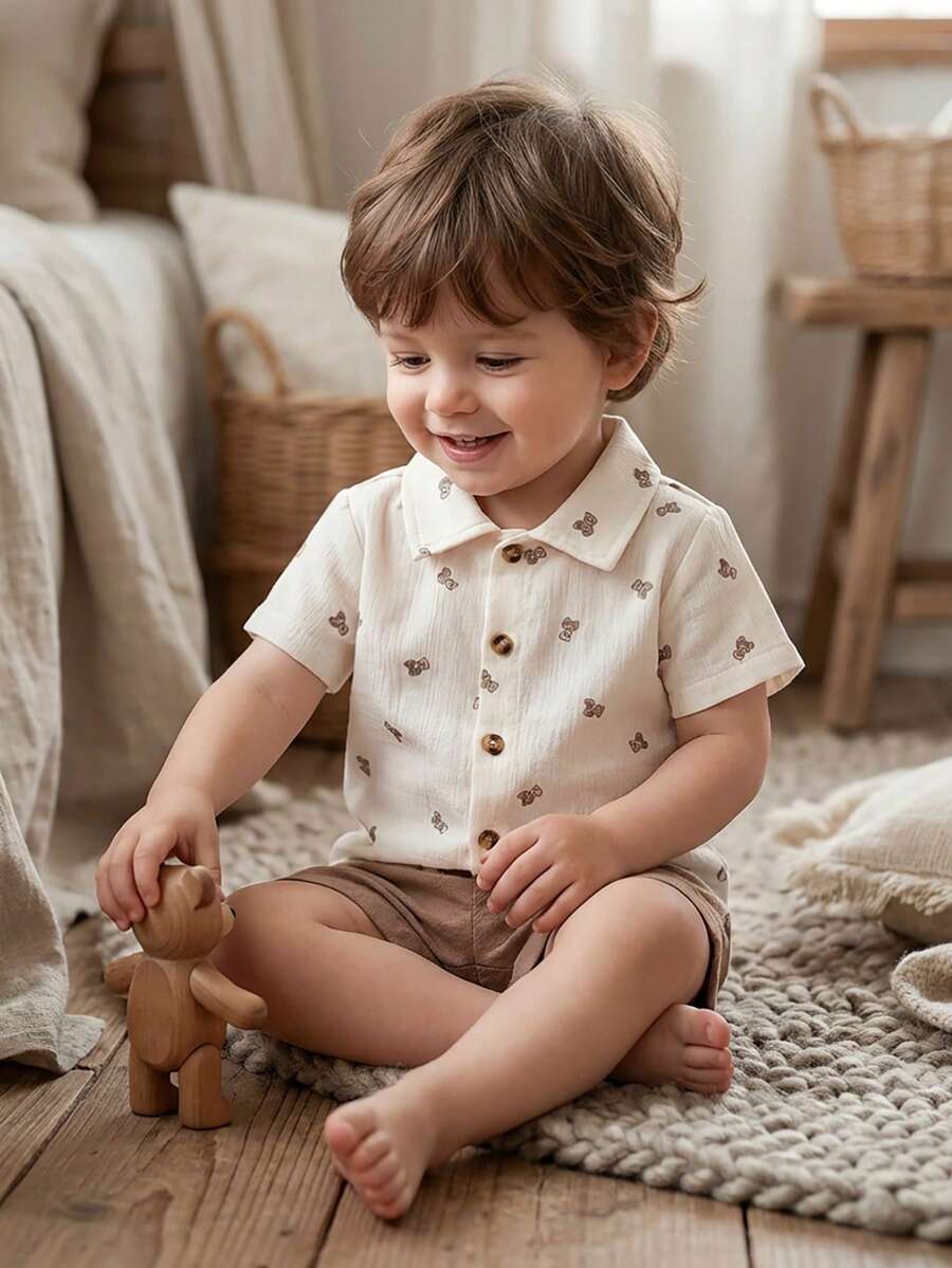 2pcs/Set Baby Boy Casual Striped Polo Collar Top & Shorts Summer Clothes