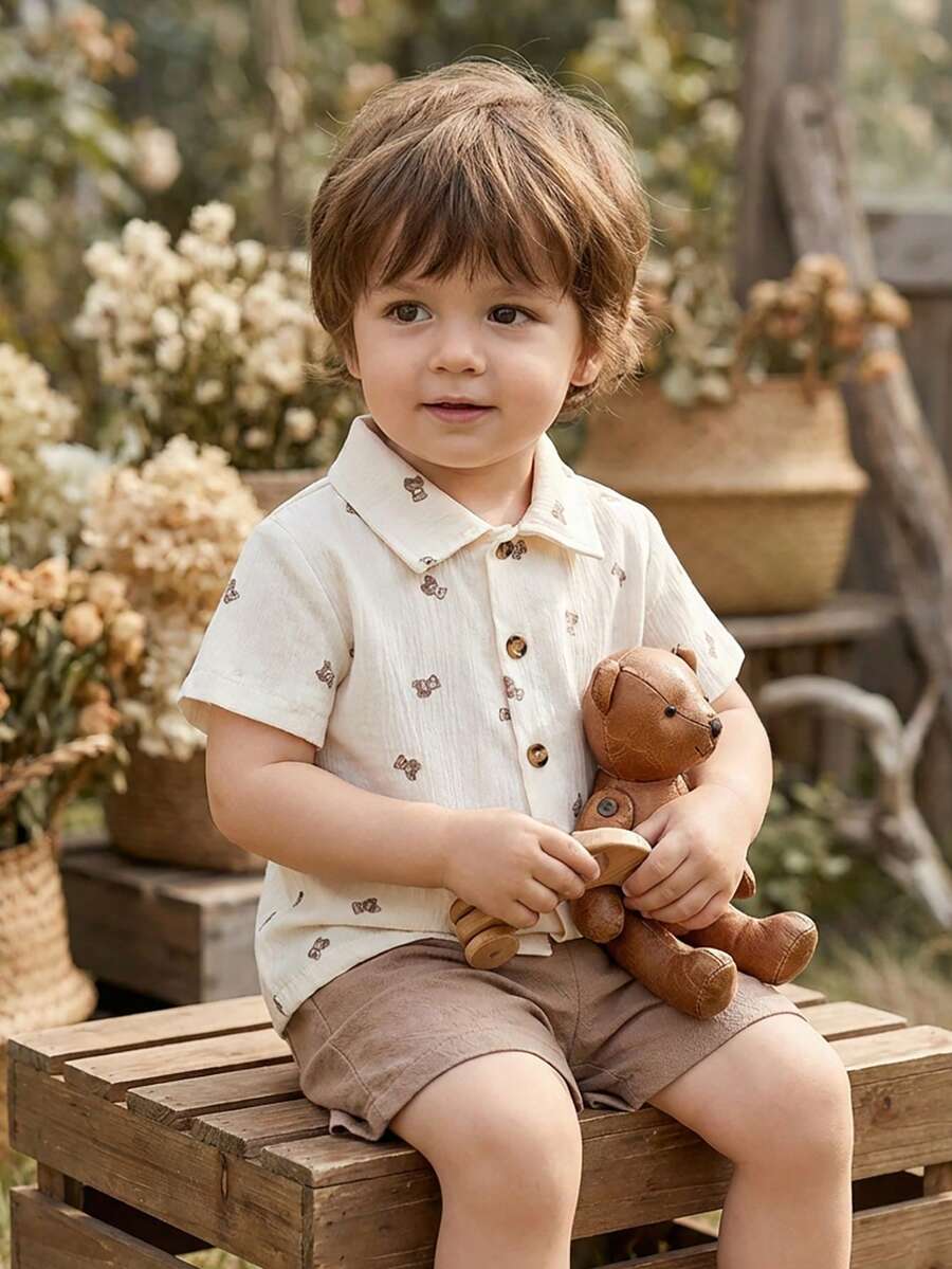 2pcs/Set Baby Boy Casual Striped Polo Collar Top & Shorts Summer Clothes