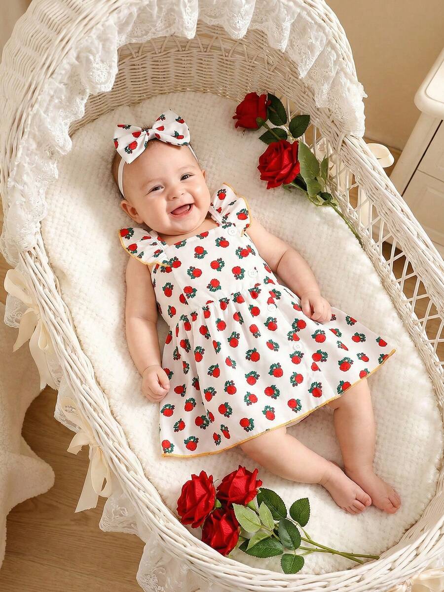 2PCS Baby Watercolor Floral Dress and Hairband Set for Cute Summer Outings