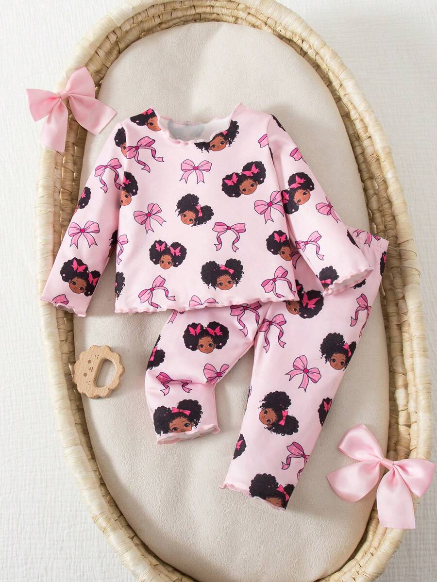 Baby Girl Graphic Patchwork Outfit - Casual 2pcs Set with Bow Accent