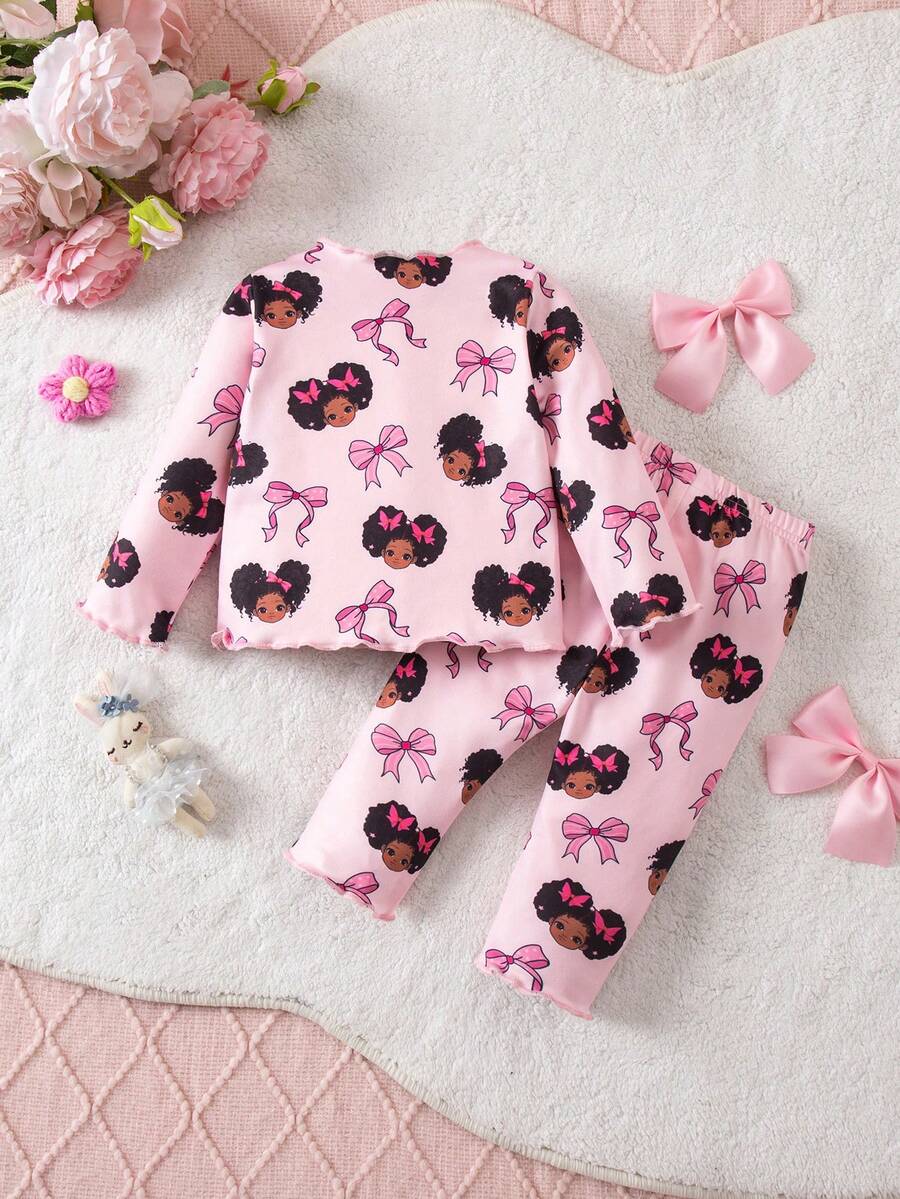 Baby Girl Graphic Patchwork Outfit - Casual 2pcs Set with Bow Accent