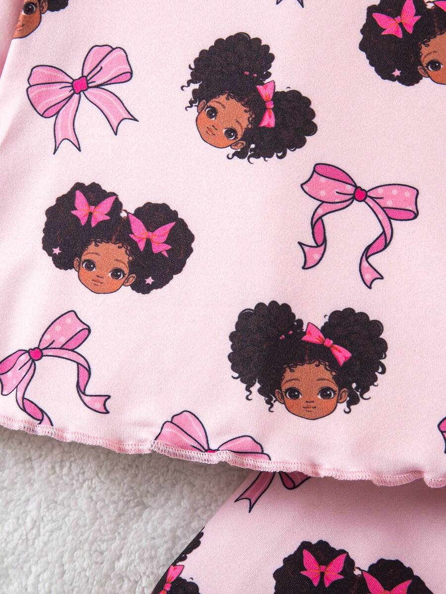 Baby Girl Graphic Patchwork Outfit - Casual 2pcs Set with Bow Accent
