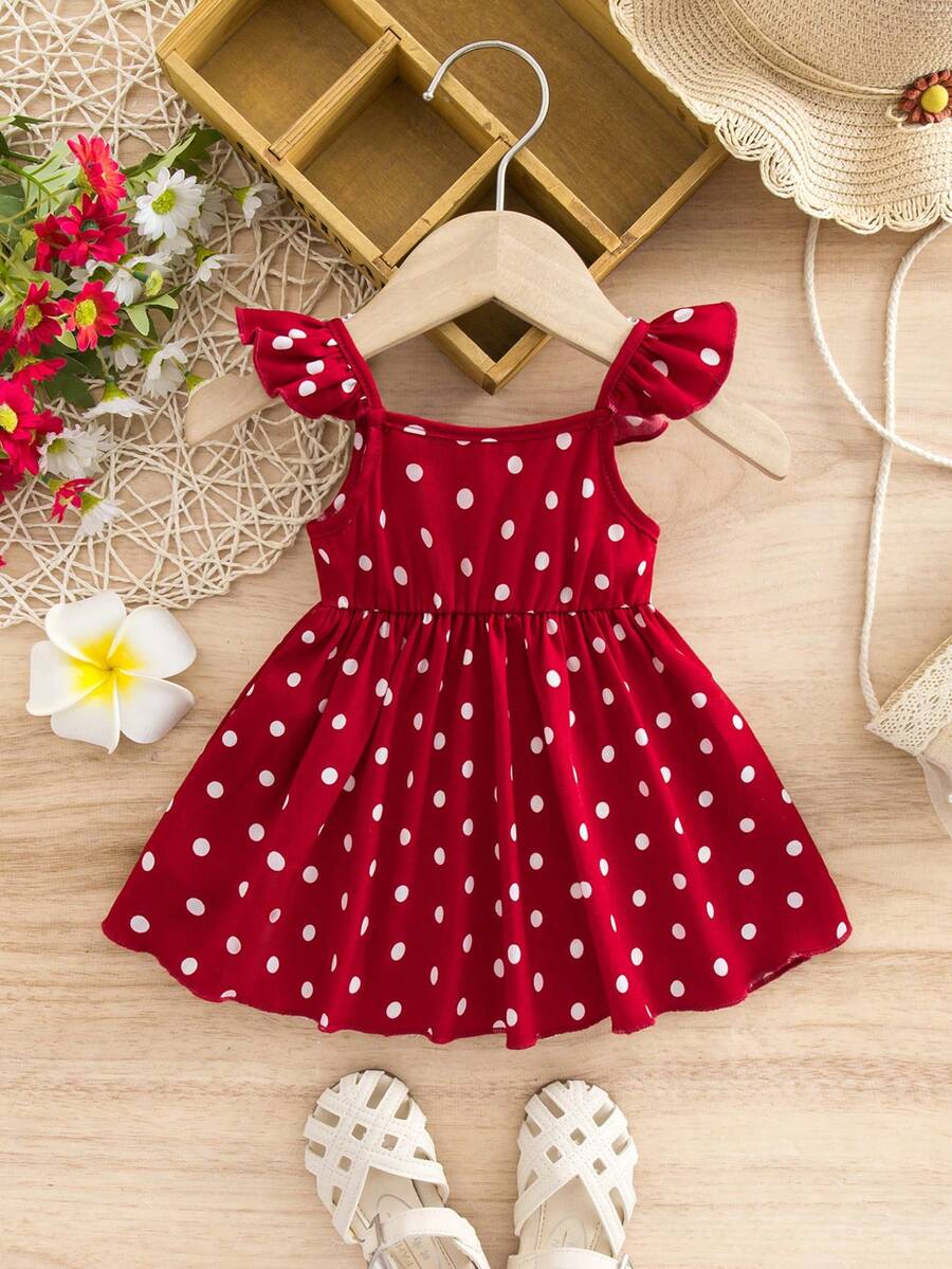 Newborn Baby Girl Red Polka Dot Flutter Sleeve Dress - Cute Vacation Style