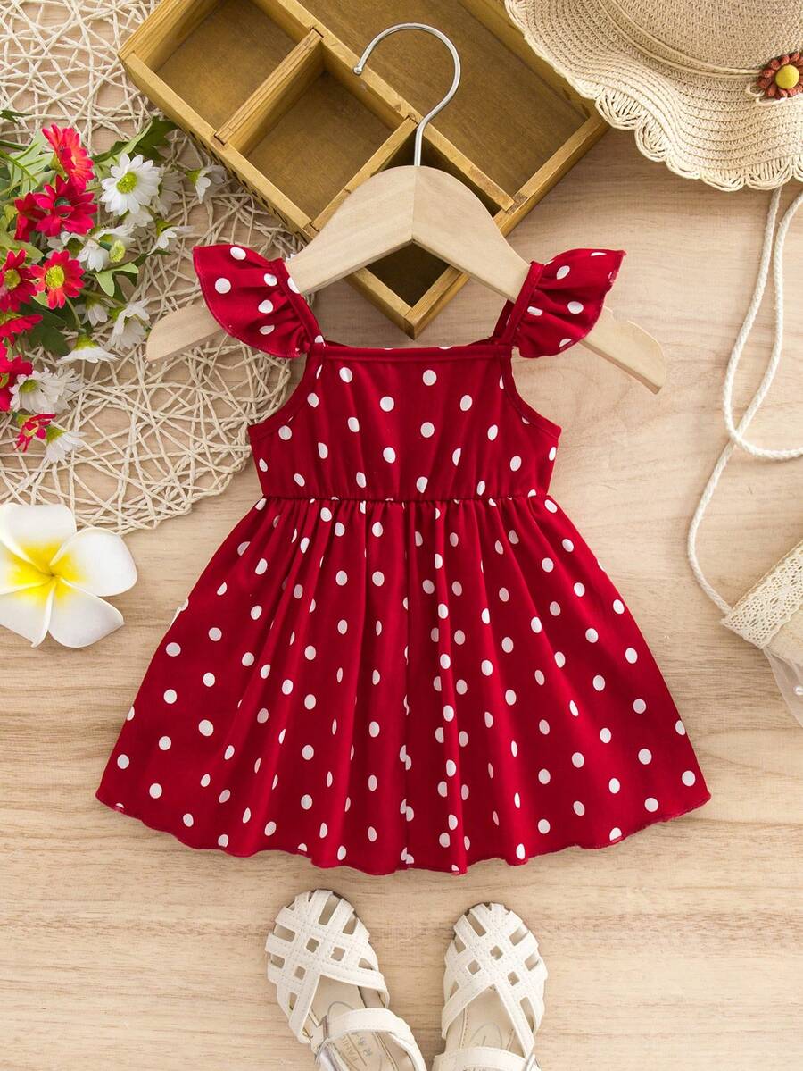 Newborn Baby Girl Red Polka Dot Flutter Sleeve Dress - Cute Vacation Style