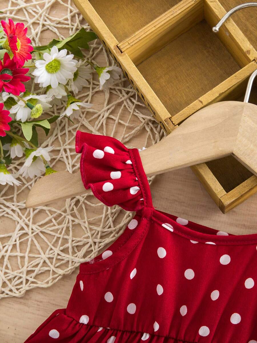 Newborn Baby Girl Red Polka Dot Flutter Sleeve Dress - Cute Vacation Style