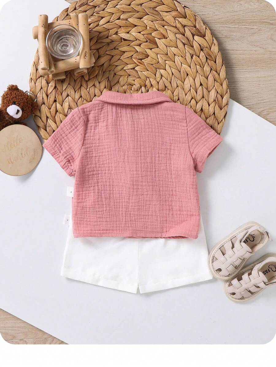Baby Boy 2pcs Knit Jacquard Summer Set - Short Sleeve Shirt & Elastic Shorts