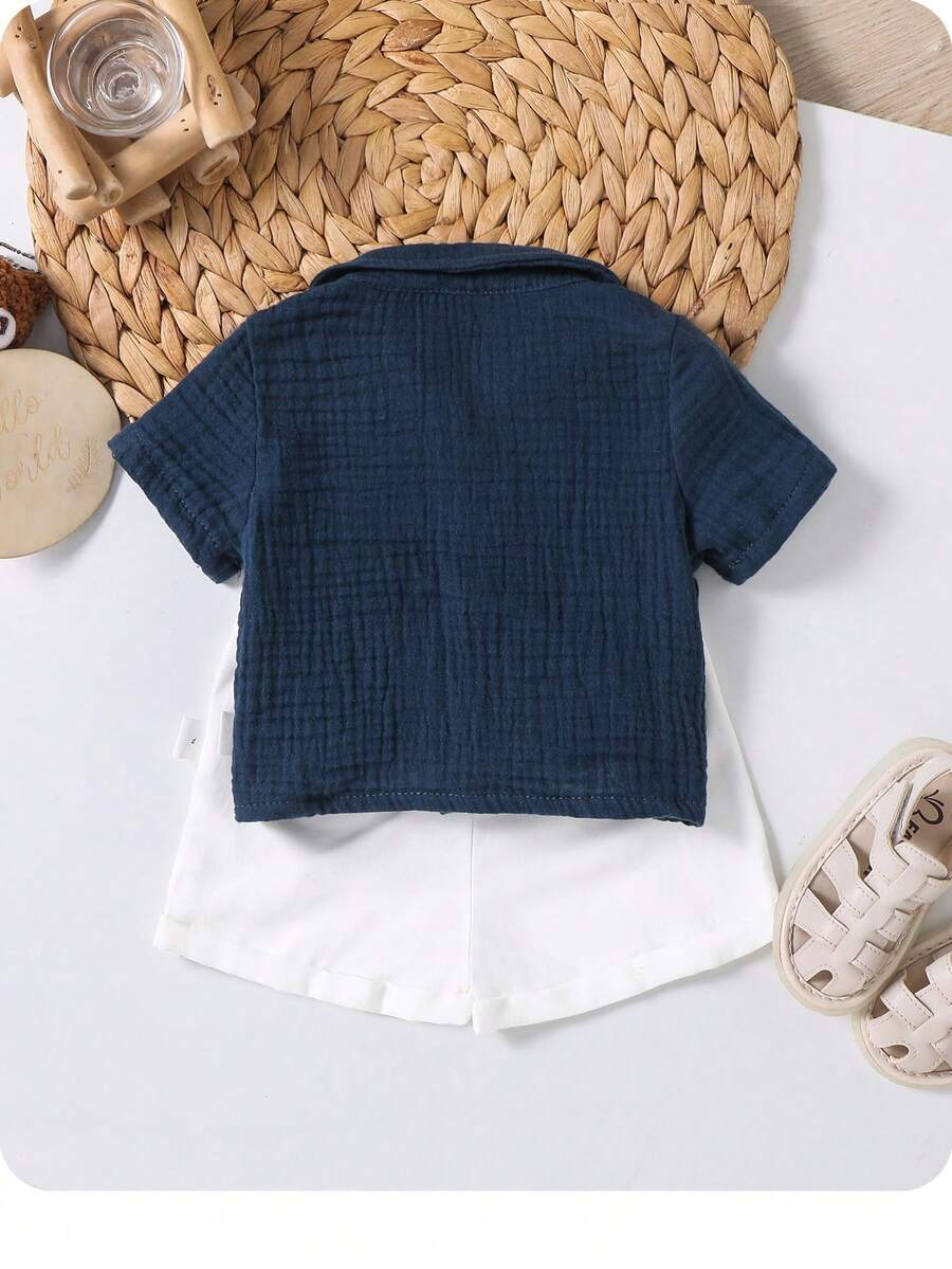Baby Boy 2pcs Knit Jacquard Summer Set - Short Sleeve Shirt & Elastic Shorts