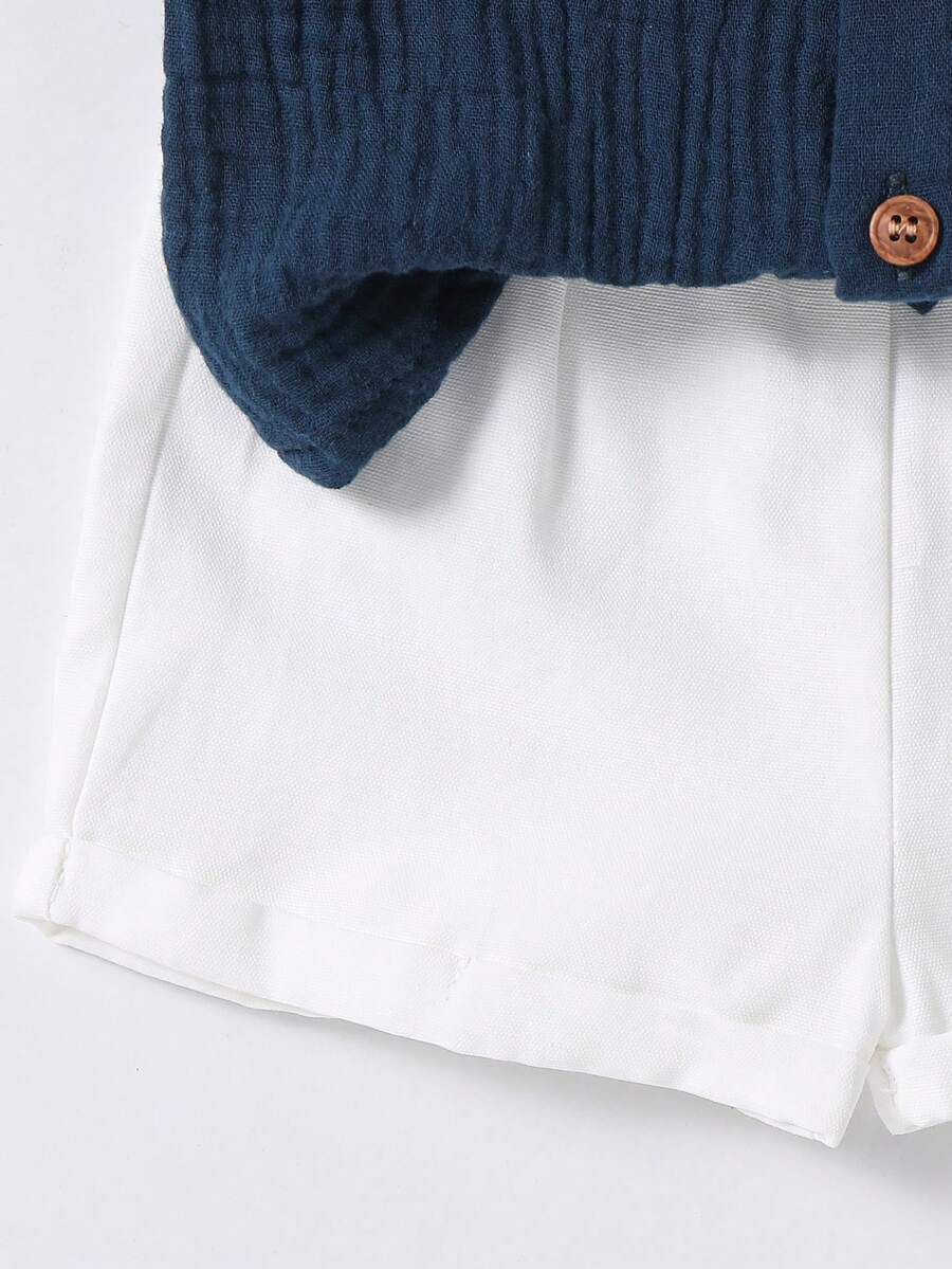 Baby Boy 2pcs Knit Jacquard Summer Set - Short Sleeve Shirt & Elastic Shorts