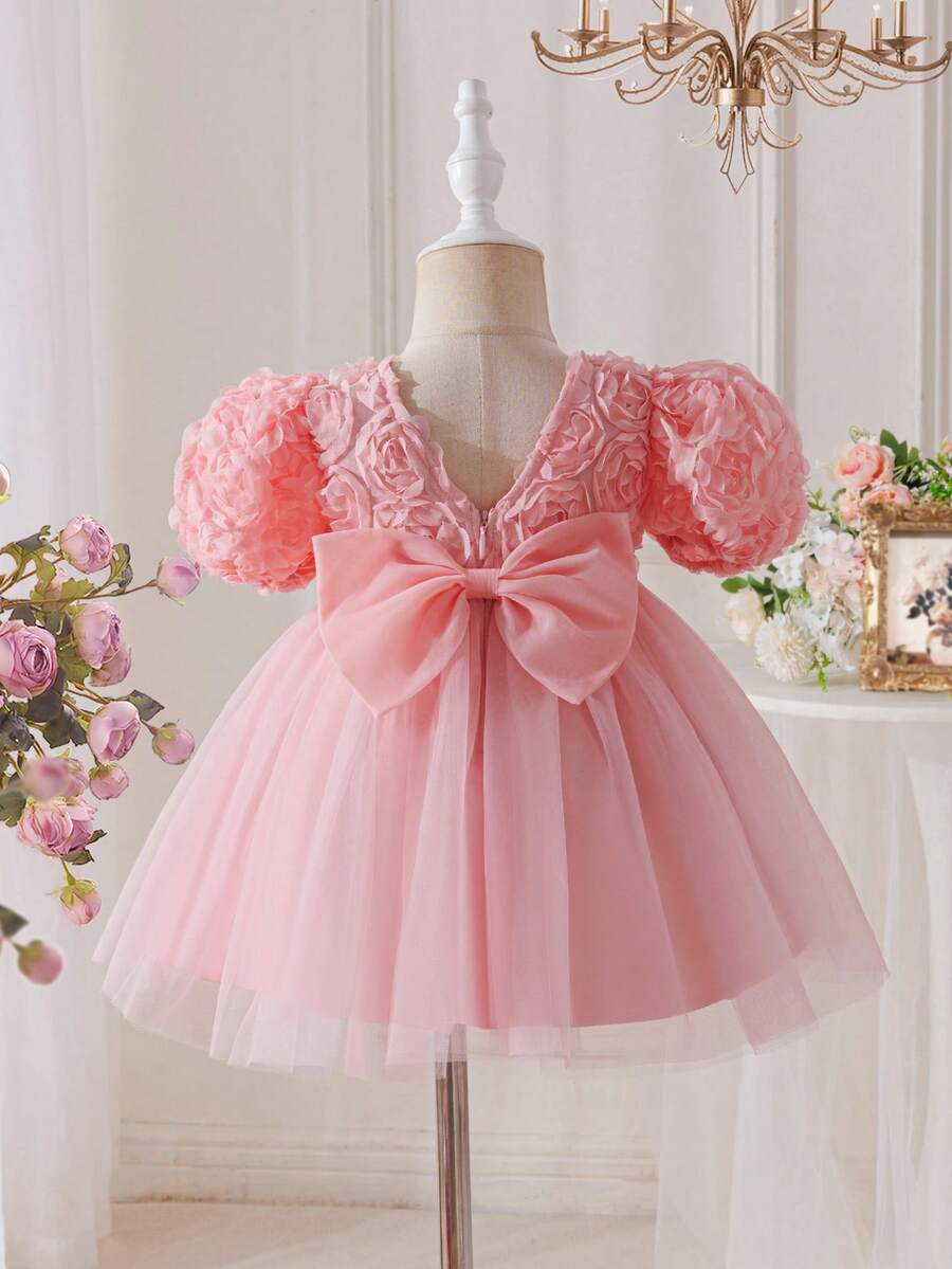 Pink Floral Mesh Embroidered Short Sleeve Dress for Baby Girls