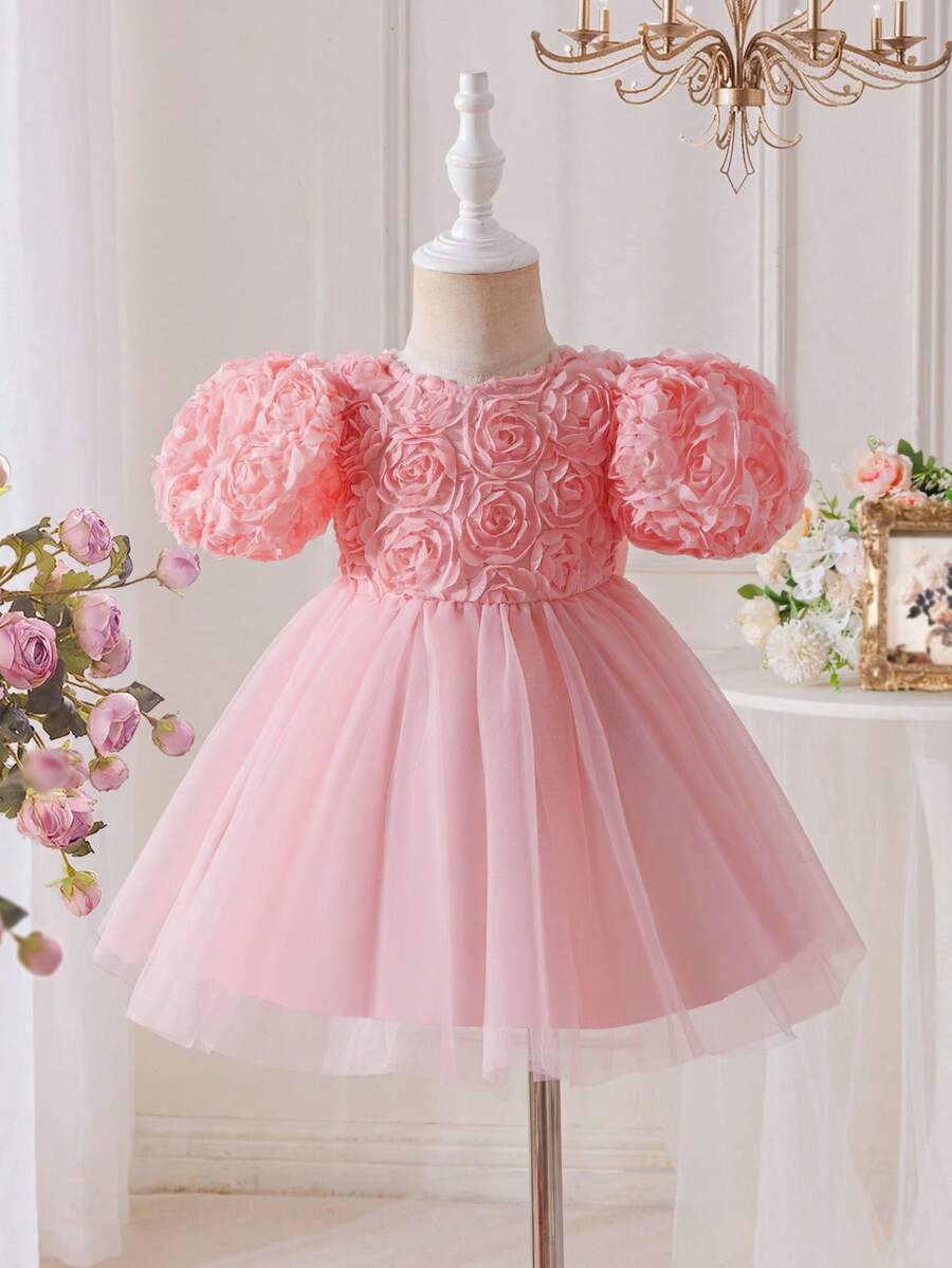 Pink Floral Mesh Embroidered Short Sleeve Dress for Baby Girls
