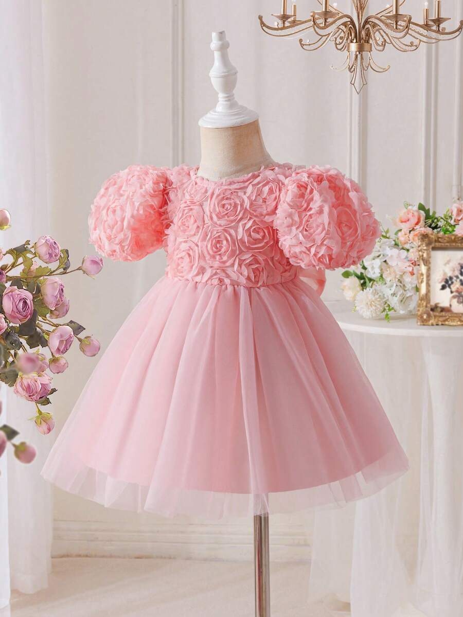 Pink Floral Mesh Embroidered Short Sleeve Dress for Baby Girls