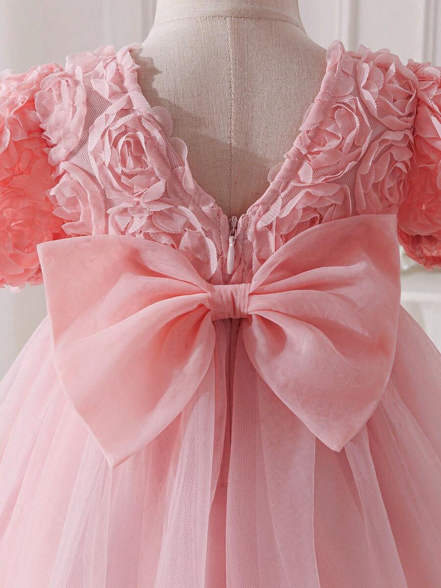 Pink Floral Mesh Embroidered Short Sleeve Dress for Baby Girls