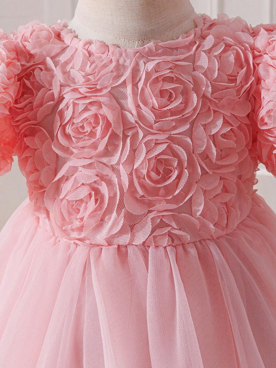 Pink Floral Mesh Embroidered Short Sleeve Dress for Baby Girls