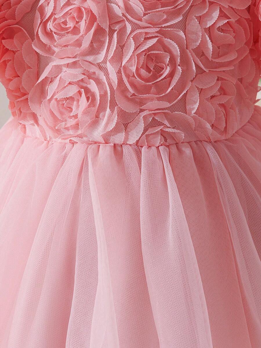 Pink Floral Mesh Embroidered Short Sleeve Dress for Baby Girls