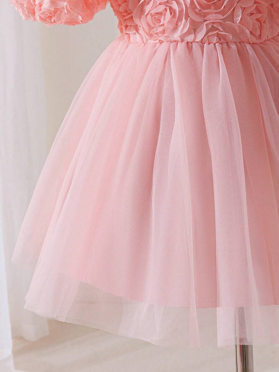 Pink Floral Mesh Embroidered Short Sleeve Dress for Baby Girls