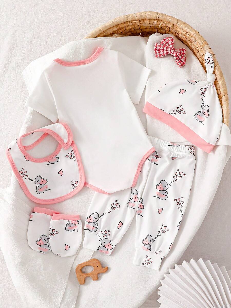 Elephant Print Bodysuit Pants Hat Gloves and Bib Set for Cute Daily Wear