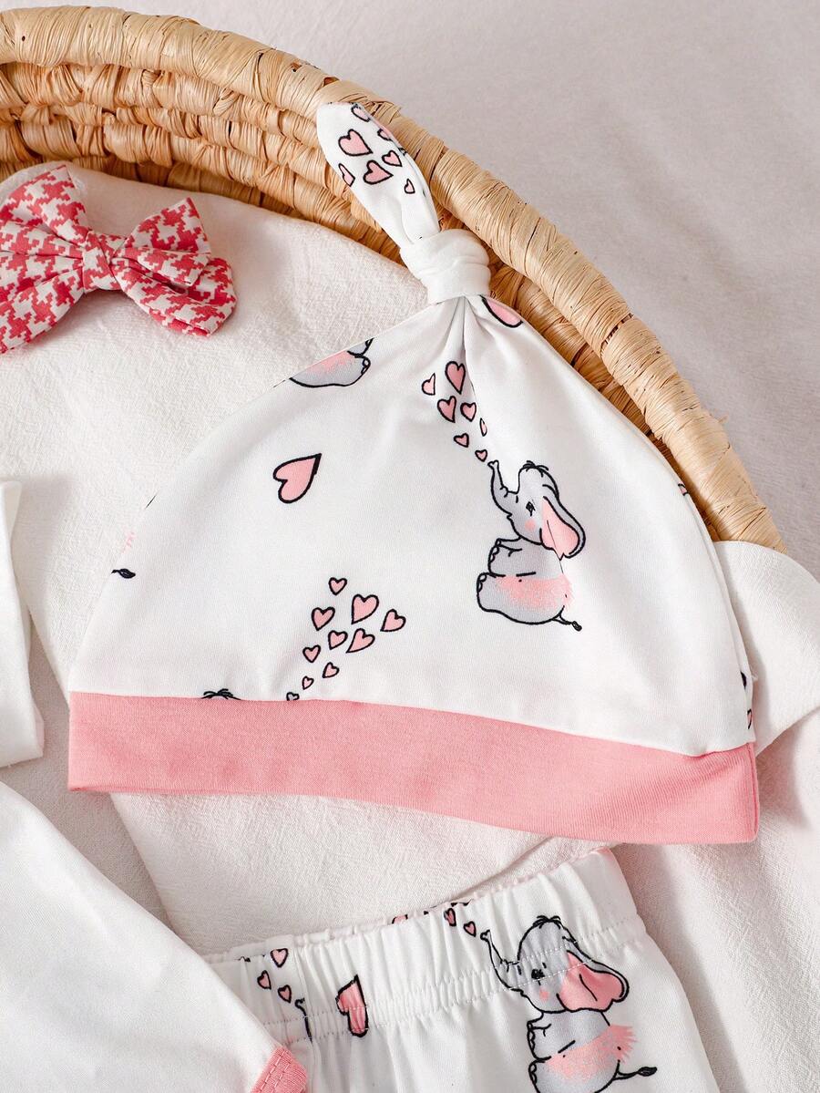 Elephant Print Bodysuit Pants Hat Gloves and Bib Set for Cute Daily Wear