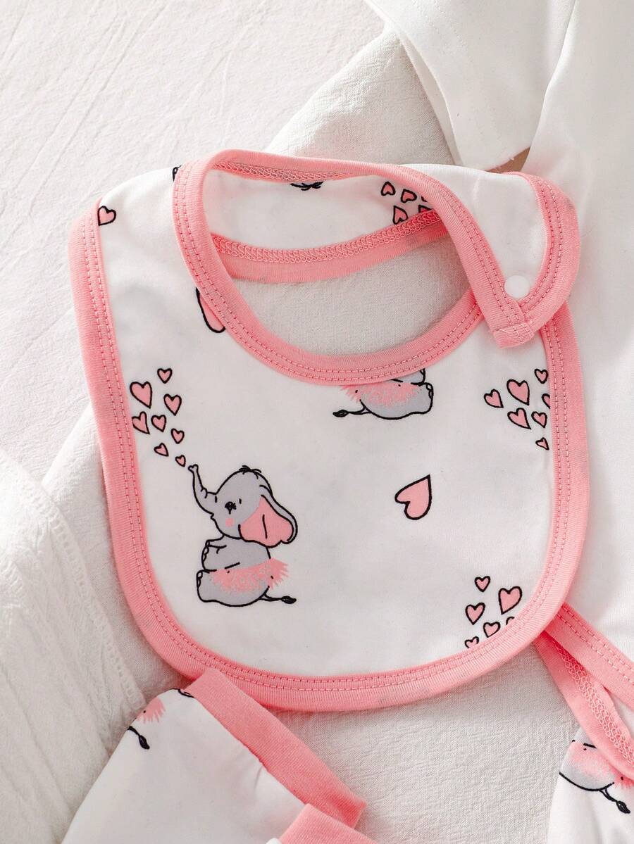 Elephant Print Bodysuit Pants Hat Gloves and Bib Set for Cute Daily Wear