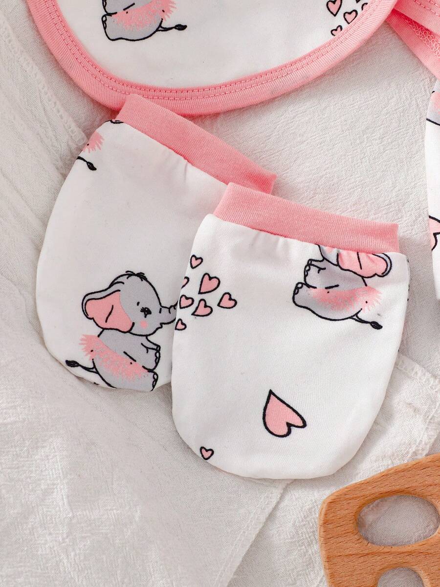 Elephant Print Bodysuit Pants Hat Gloves and Bib Set for Cute Daily Wear