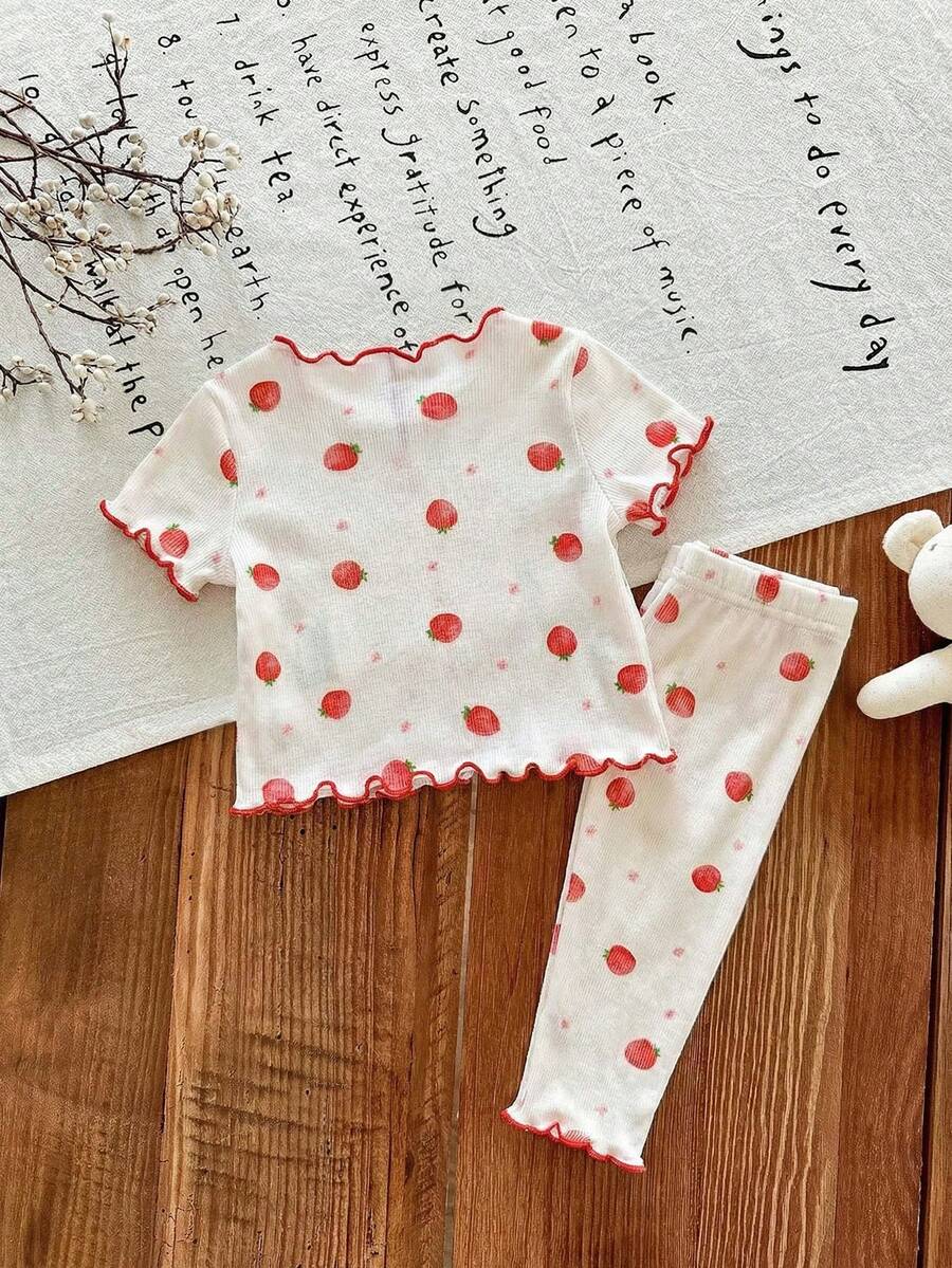 Baby Strawberry Print Short Sleeve Pajama Set for Cozy Summer Sleepwear