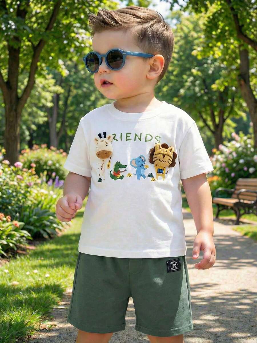 Baby Boy Animal Crayon Print T Shirt and Knitted Shorts 2 Piece Casual Spring Summer Outfit Set
