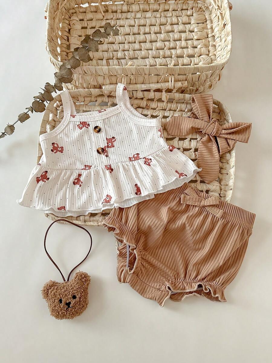 2PCS Baby Heart Print Rib Knit Top and Shorts Set for Cute Summer Daily Wear