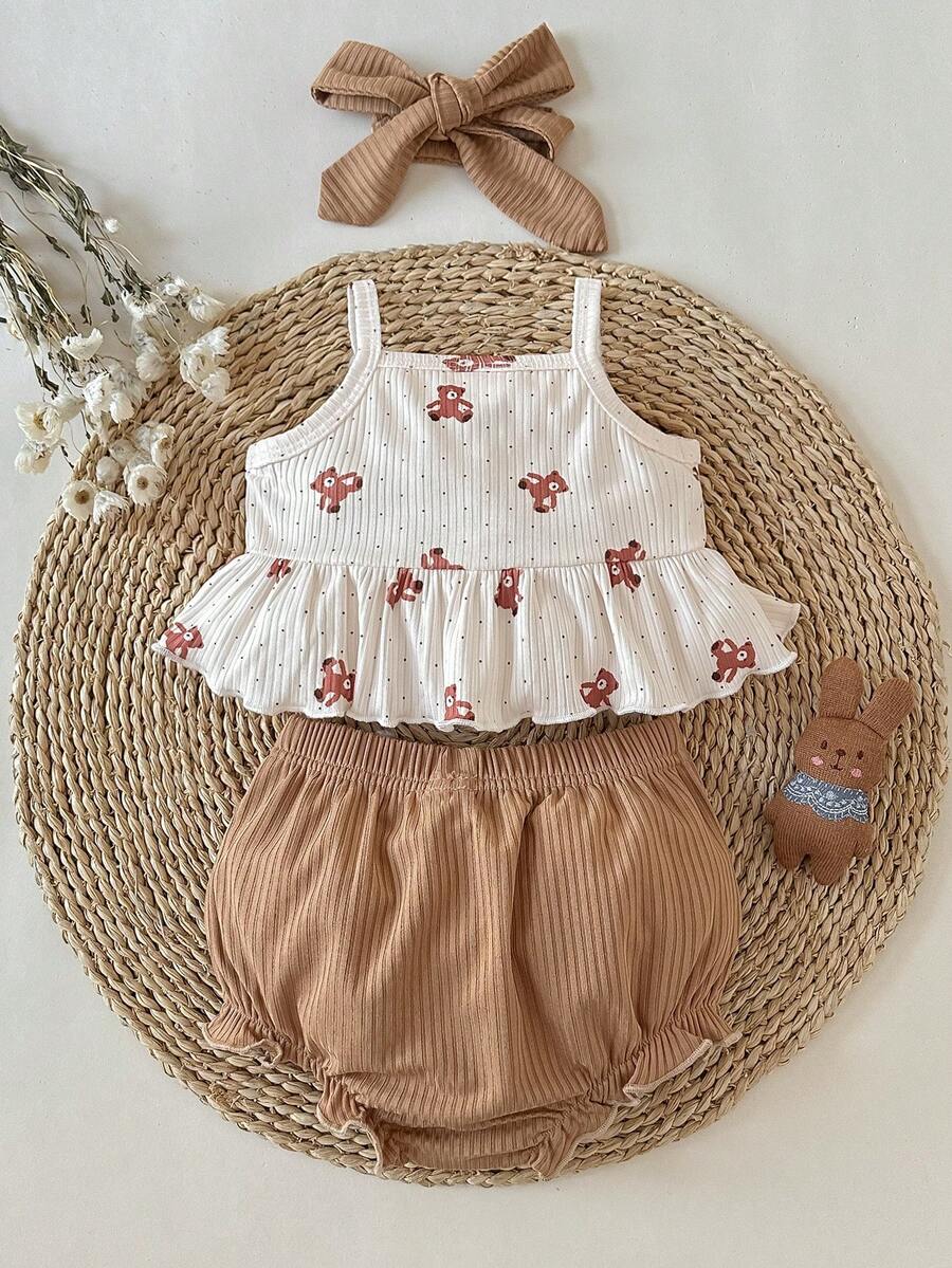 Baby Girl Heart Print Camisole Top and Shorts Set for Cute Summer Daily Wear