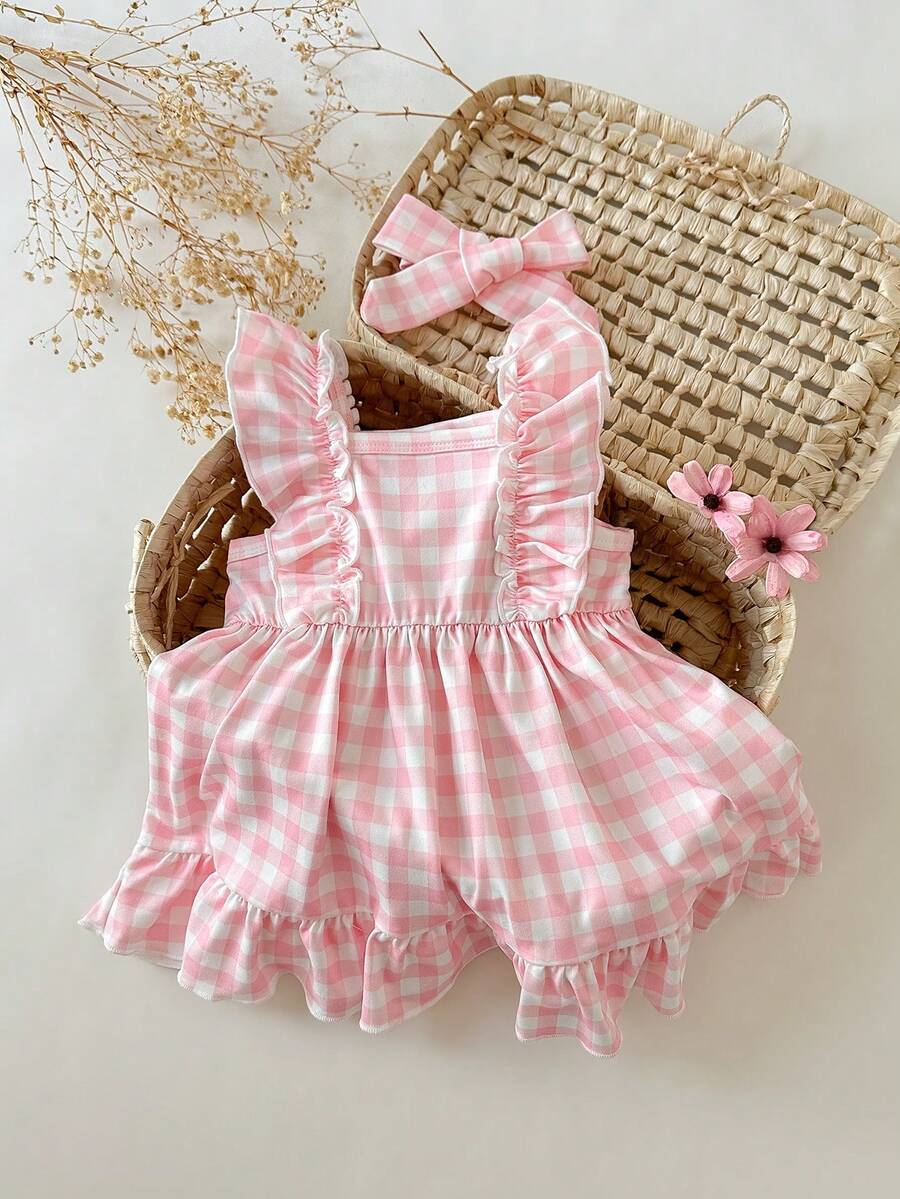2PCS Baby Strawberry Plaid Dress and Bow Headband Set for Cute Spring and Summer Outings
