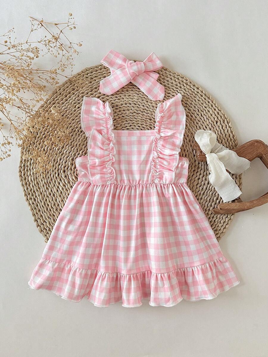 2PCS Baby Strawberry Plaid Dress and Bow Headband Set for Cute Spring and Summer Outings