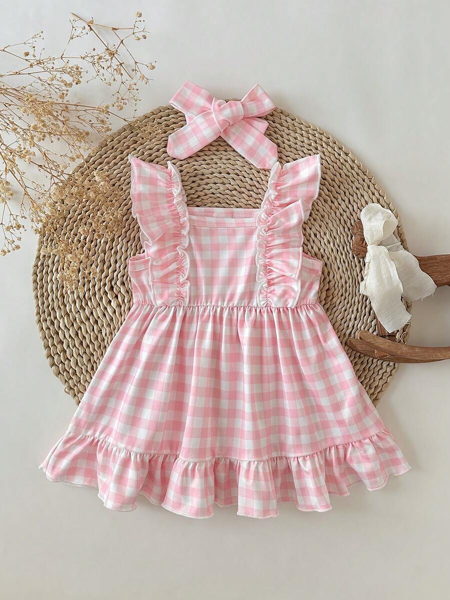 2PCS Baby Strawberry Plaid Dress and Bow Headband Set for Cute Spring and Summer Outings
