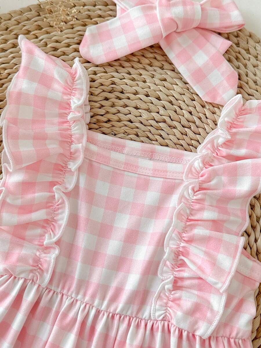 2PCS Baby Strawberry Plaid Dress and Bow Headband Set for Cute Spring and Summer Outings