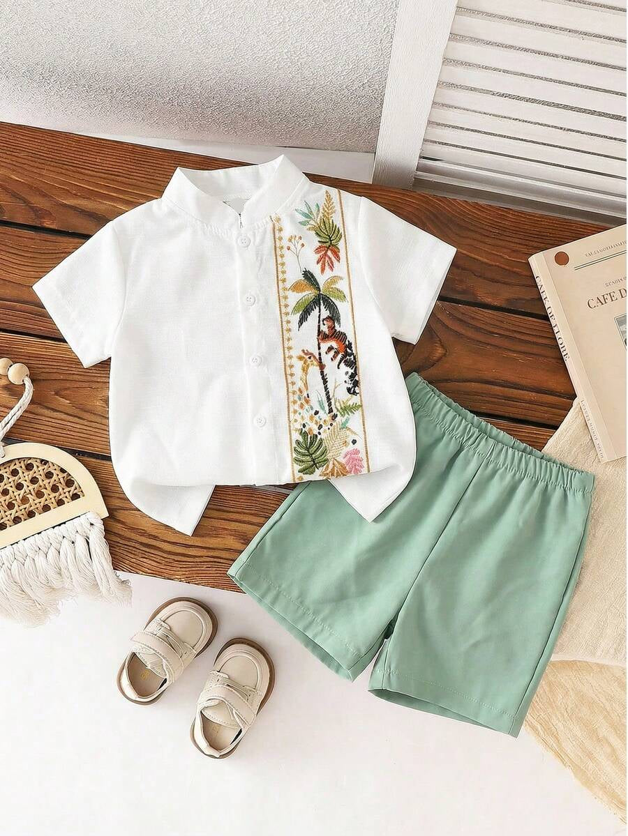 Toddler Boy Summer Vacation Outfit: Plant Print Shirt and Elastic Waist Shorts