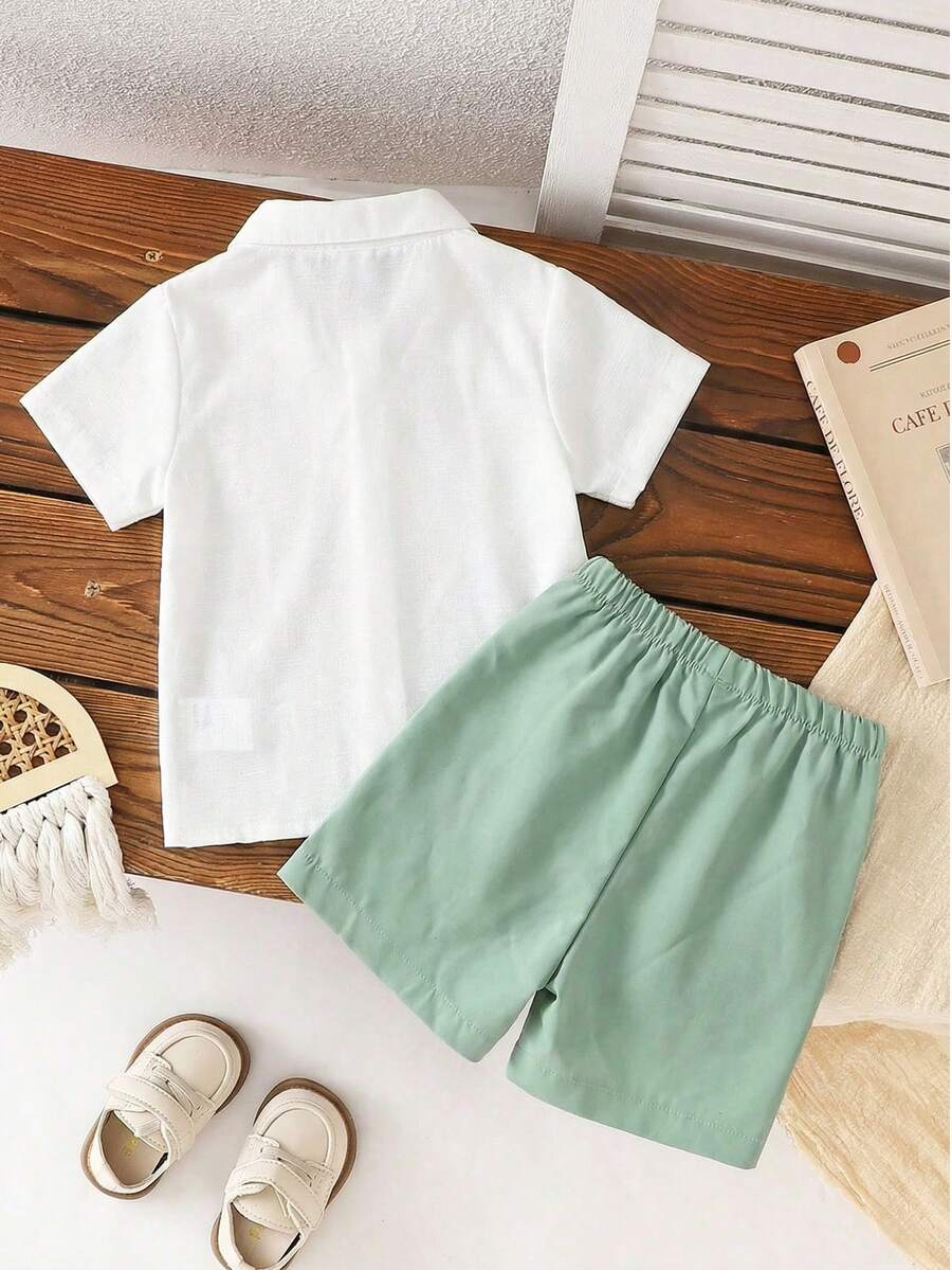 Toddler Boy Summer Vacation Outfit: Plant Print Shirt and Elastic Waist Shorts