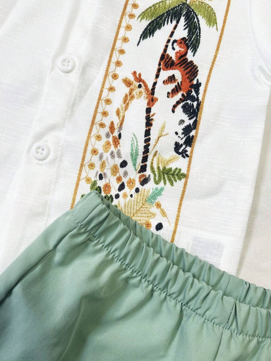 Toddler Boy Summer Vacation Outfit: Plant Print Shirt and Elastic Waist Shorts