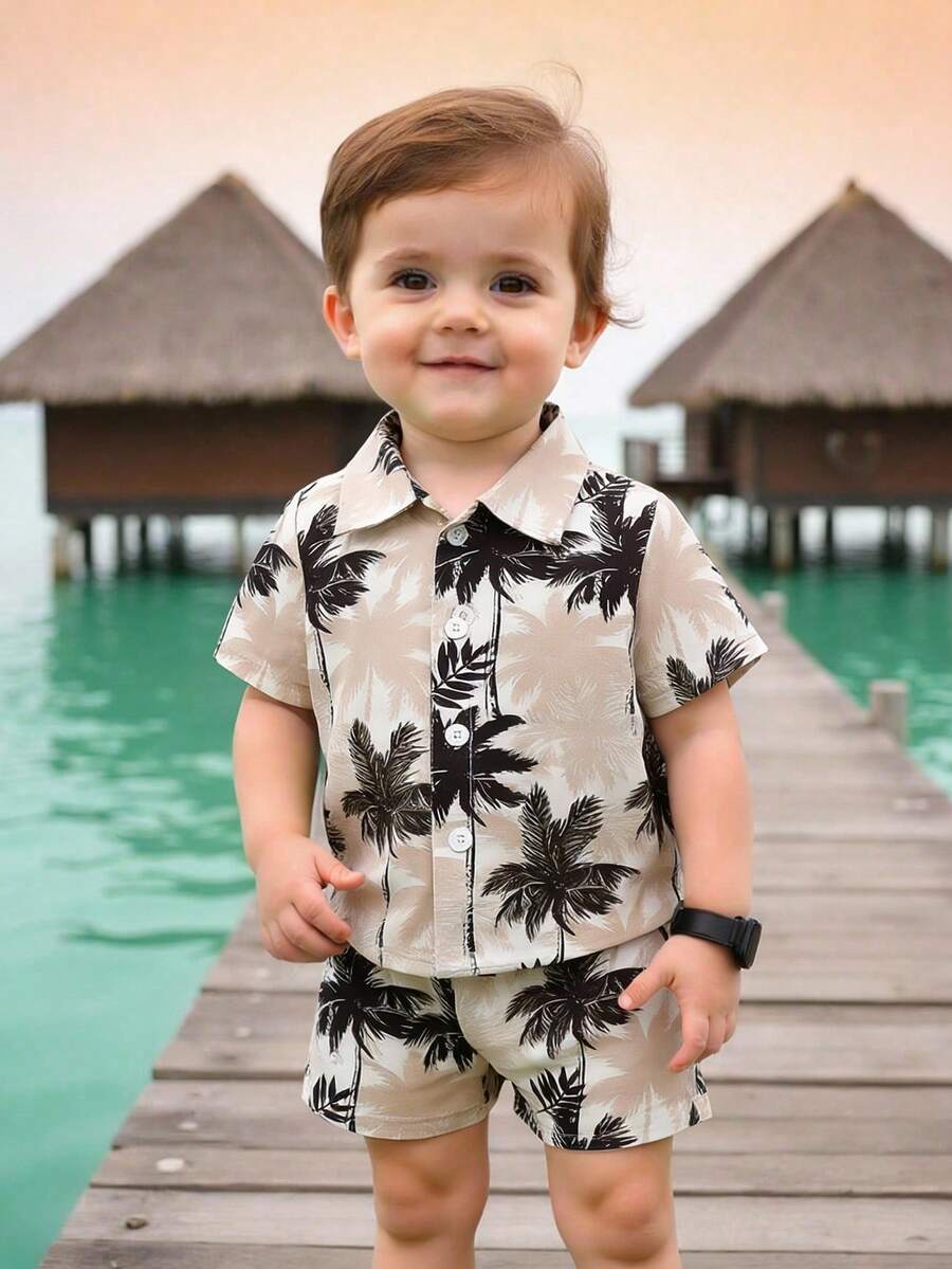 2pcs/Set Baby Boy Tropical Plant Pattern Vacation Outfit (6M-3T)