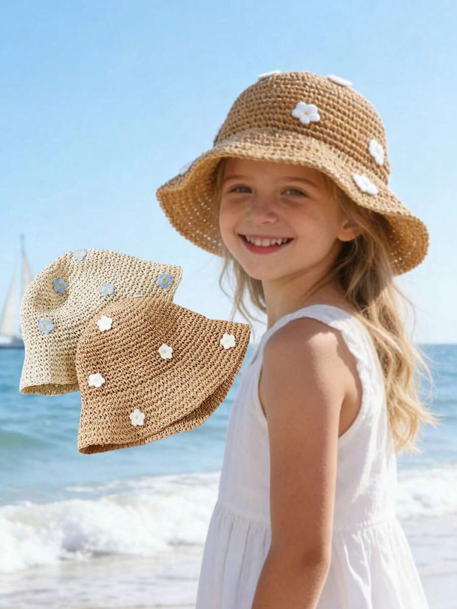 Straw Flower Trim Sun Hat for Kids Summer Outdoor Wear