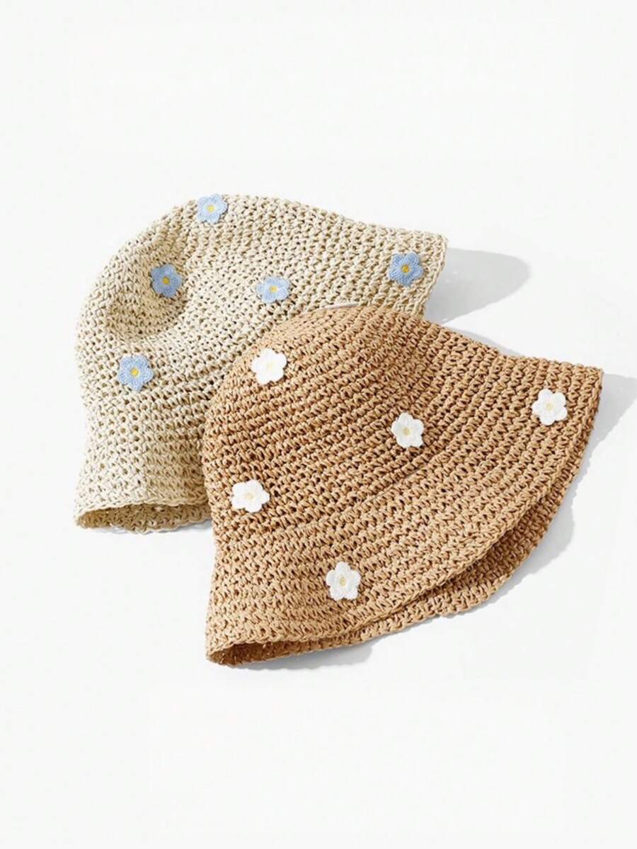 Straw Flower Trim Sun Hat for Kids Summer Outdoor Wear