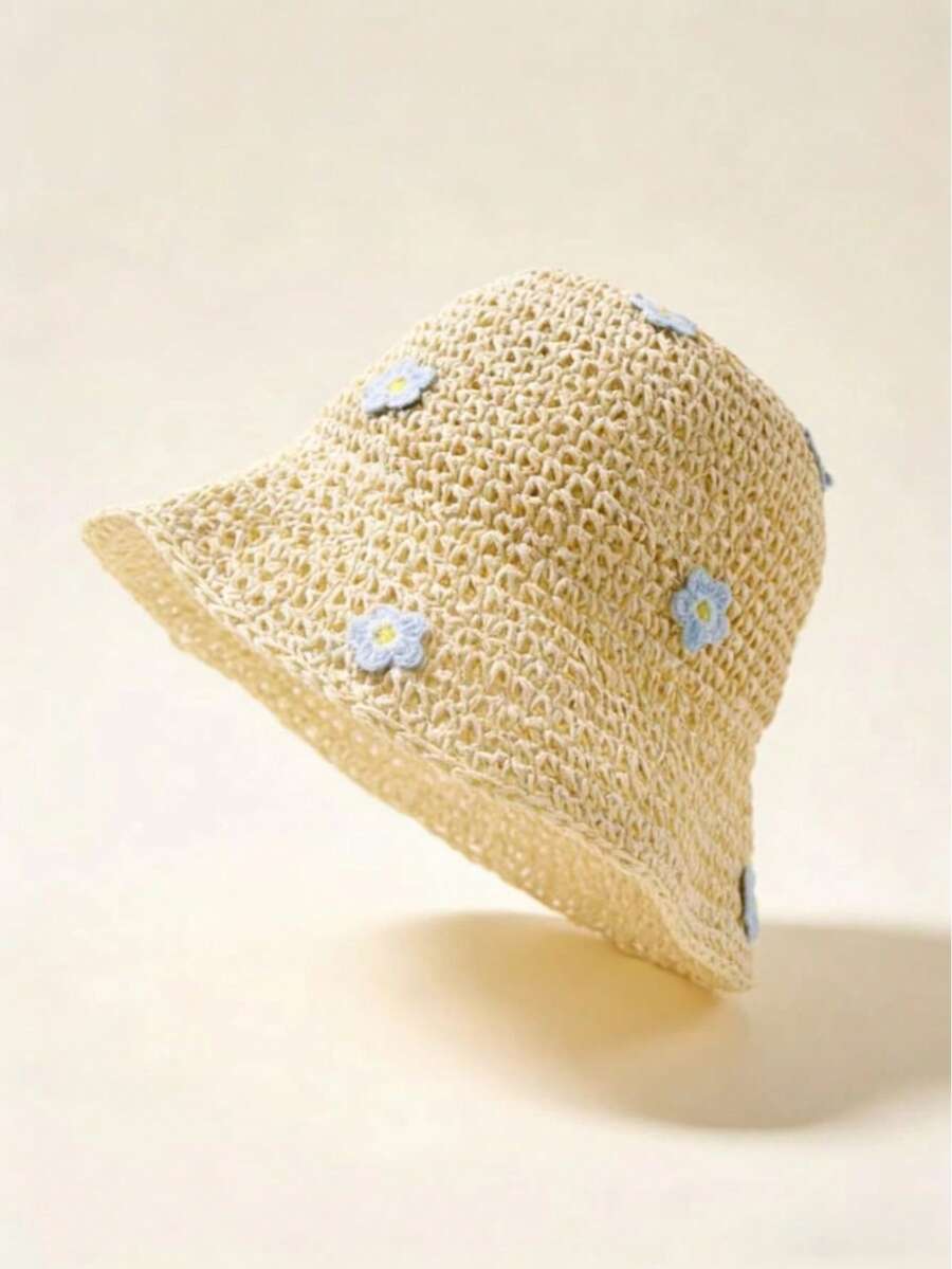 Straw Flower Trim Sun Hat for Kids Summer Outdoor Wear