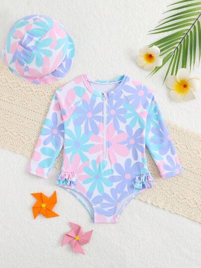 Floral Rash Guard Swimwear Set For Baby Girls With Hat And Swim Shorts
